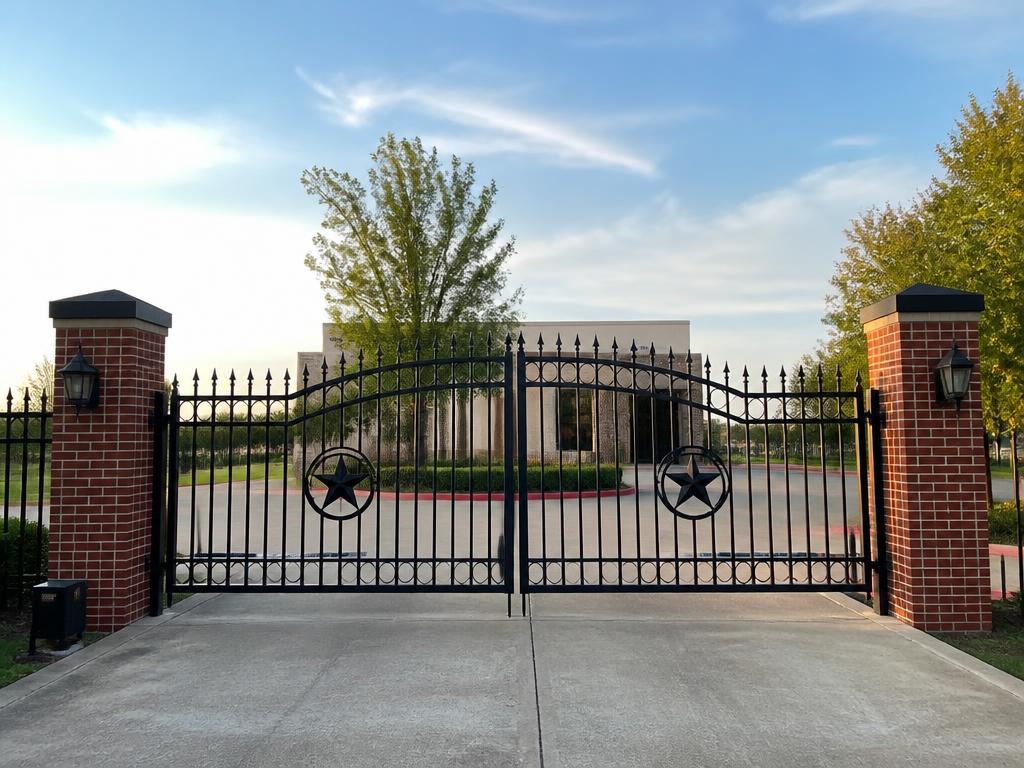 Black ornamental wrought iron commercial fence and gate installed at a business entrance in Katy, TX